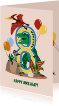 Verjaardagskaart jongen 8 jaar met dinosaurussen