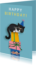 Verjaardagskaart kat met cadeautjes