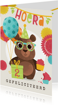 Verjaardagskaart kind beer feestje humor ballonnen cupcakes