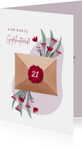 Verjaardagskaart met envelop en bloemen voor 21-jarige