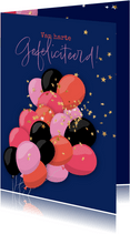 Verjaardagskaart met hippe roze ballonnen en sterconfetti