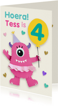 Verjaardagskaart met roze monster