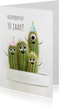 Verjaardagskaart met vrolijke cactussen met ogen en hoedjes