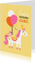 Verjaardagskaart paard ballonnen geel