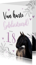 Verjaardagskaart paard met lila hartjes en bladeren leeftijd