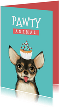 Verjaardagskaart pawty animal hond taart