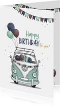 Verjaardagskaart retro busje met ballonnen