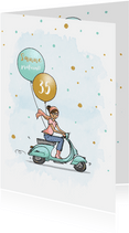Verjaardagskaart vespa scooter vrouw