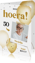 Verjaardagskaart zwart wit goud tijdschrift met ballonnen