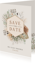 Vintage bohemian Save the Date kaart met droogbloemen 