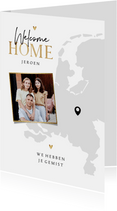 Welcome home vakantiekaart met landkaart en eigen foto