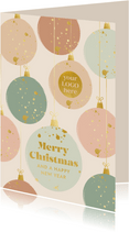 Zakelijke kerstkaart met kerstballen goudlook en eigen logo