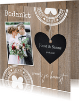 Bedankkaart bruiloft houtlook hartje foto