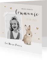 Communie uitnodiging konijn hartjes en foto