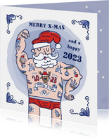 Delftsblauwe kerstkaart met tatoeage kerstman