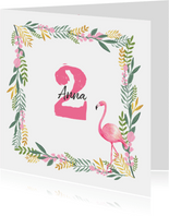 Einladungskarte Kindergeburtstag Flamingo und Zweige