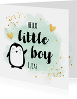 Felicitatie geboorte jongen pinguïn waterverf groen