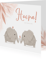 Felicitatie tweeling roze jungle olifanten met vogels