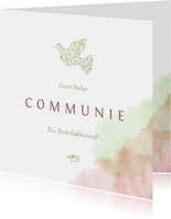 felicitatiekaart communie met duif van bloemen en waterverf
