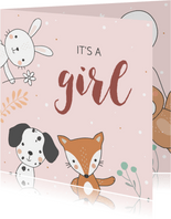 Felicitatiekaart geboorte - Konijn vos en hond meisje