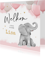 Felicitatiekaart geboorte olifant waterverf ballonnen meisje