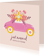 Felicitatiekaart huwelijk auto bloemen beige