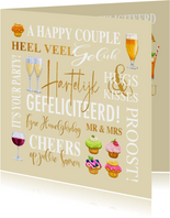 Felicitatiekaart met teksten, drankjes en gebakjes huwelijk