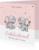 Felicitatiekaart tweeling geboorte olifantjes hartjes roze