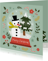 Fröhliche Weihnachtskarte Schneemann und Tannenbaum