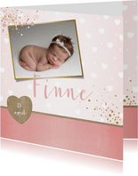 Geboorte lief en hip, roze kaartje met foto en hartjes