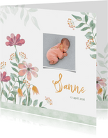 Geboortekaart aqarel bloemen roze-geel met foto