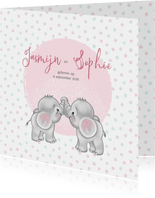 Geboortekaart meisje-tweeling olifantjes
