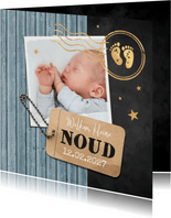 Geboortekaartje foto label houtlook stempel goud 