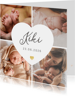Geboortekaartje fotocollage 4 foto's met wit hart en naam