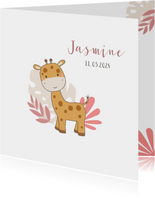Geboortekaartje - Giraf met jungle bladeren meisje