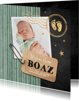 Geboortekaartje houtlook foto label stempel goud groen