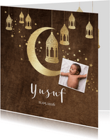 Geboortekaartje islamitisch goudlook lantaarns, maan velvet