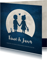Geboortekaartje maan -  silhouet jongen en meisje tweeling