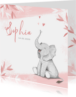 Geboortekaartje meisje olifant dieren roze illustratie