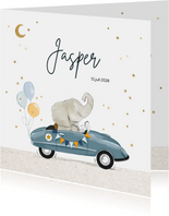Geboortekaartje met olifant in feestelijke retro trapauto
