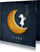 Geboortekaartje met silhouet van een meisje op gouden maan