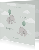 Geboortekaartje tweeling met olifantjes en ballonnen