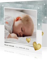 Geburtskarte mit Fotos Auqarelloptik mit Sternen blau