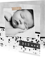 Geburtskarte schwarz-weiß mit Foto und Farbspritzern