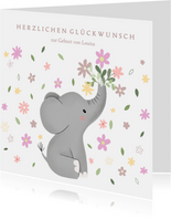Glückwunschkarte Geburt Elefant mit Blumen