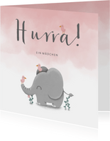 Glückwunschkarte zur Geburt rosa mit Elefant und Vögeln