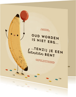 Grappige verjaardagskaart banaan, ballon en typografie