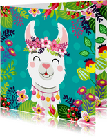 Hippe en vrolijke verjaardagskaart met alpaca en bloemen