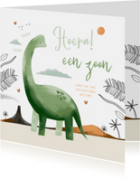 Hippe felicitatiekaart geboorte zoon dinosaurus jungle