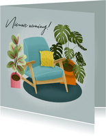 Hippe felicitatiekaart nieuwe woning met planten en stoel